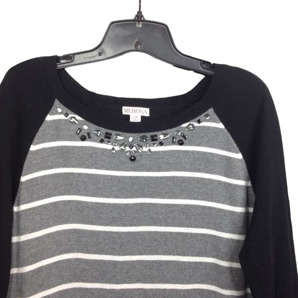 Merona Womens Grey Crewneck Embellished Striped Long Sleeve Sweater L - Picture 2 of 8